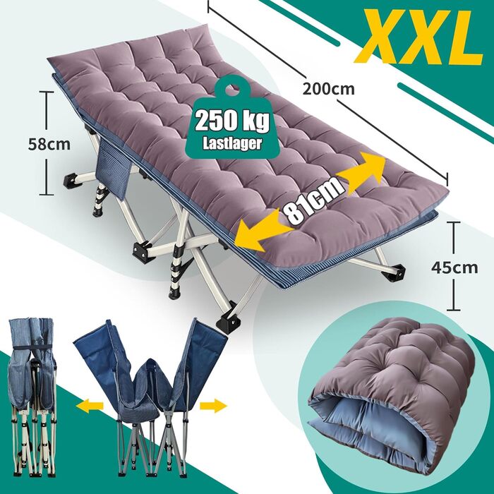 Ліжко складане Feldbett XXL 81 см з матрацом для дорослих, кемпінгове ліжко 250 кг, коричневе. З кишенею для дрібниць, для дому, подорожей, саду