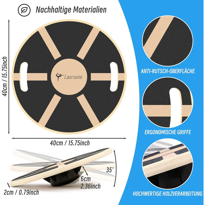 Дерев'яна баланс-дошка з неслизьким основанням, 40 см з ручками для вправ, для дорослих (чорна)