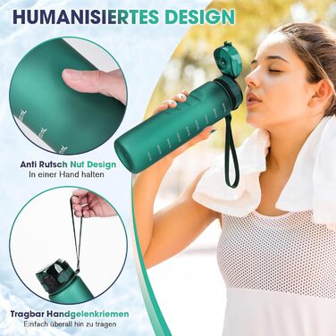 Спортивна пляшка для води 1л, витокозахисна, без BPA, з мірною шкалою, смарагдово-зелена