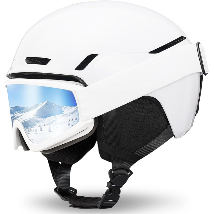 Шкільний шолом з маскою DXH816: захисний шолом для жінок та чоловіків з регульованими навушниками, дихаючий, амортизуючий, з захистом від УФ-випромінювання, для катання на лижах та сноуборді, білий глянцевий + маска