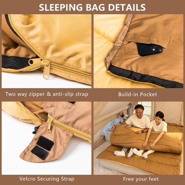Зимний спальний мішок BISINNA для 2 дорослих, 3 сезони, для кемпінгу та подорожей на автодомі (4.2 кг), зелений (жовтий)