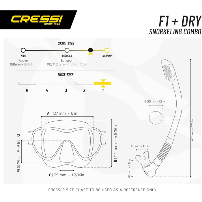 CRESSI F1 Безрамкова маска або набір: маска та сухий трубка для дайвінгу та снорклінгу, універсальний розмір, унісекс, жовтий