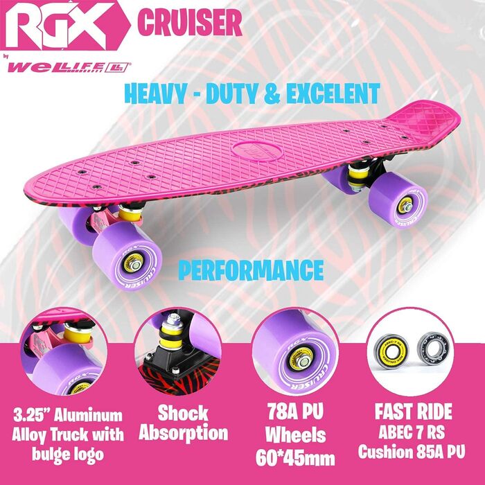 Скейтборд WeLLIFE Mini Cruiser RGX 56 см рожевий, PU 78A, ABEC-7RS, для підлітків і дорослих