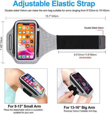 Спортивний браслет для телефону з кишенею для навушників, чохол для телефону для бігу 6.9 дюймів, кріплення на руку для iPhone 17 16 15, спортивний браслет, знімний тримач для телефону, для джоггінгу (світло-сірий)