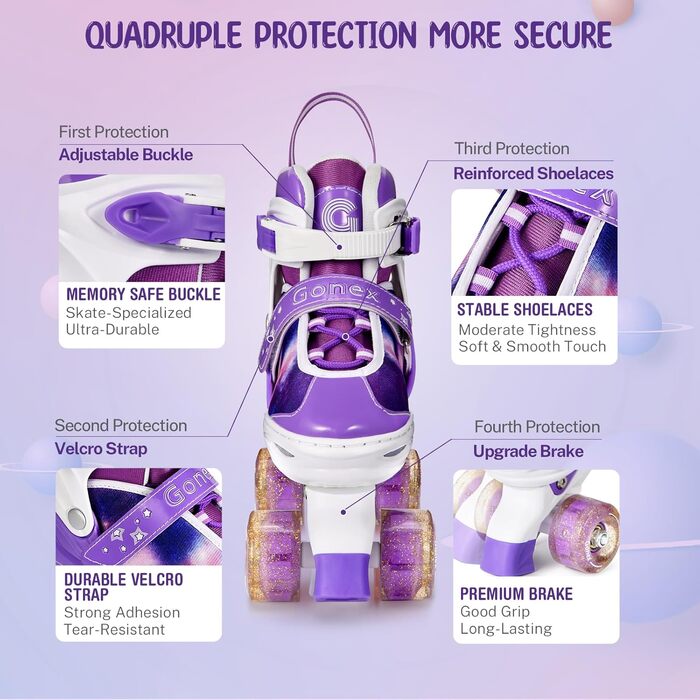 Роликові ковзани Gonex регульовані, світлові, для дівчаток, хлопчиків, дітей та дорослих. Розміри 35-42 (A-GALAXIE LILA)