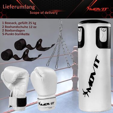Набір для боксу MOVIT 25 кг: боксерський мішок 80x30 см, рукавички 12oz, бинти, для дорослих, чорний/білий