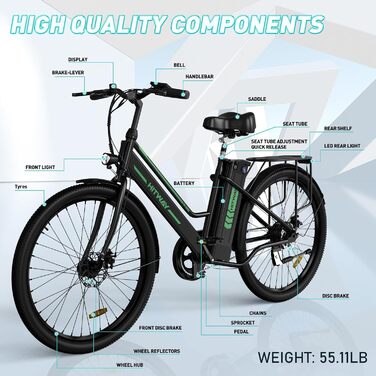 Електровелосипед HITWAY 26 дюймів для дорослих, міський e-bike з 8.4Ah 36V знімним акумулятором, регульованим сидінням, багажником, для чоловіків та жінок, ідеально підходить для міських поїздок і ком'ютерів