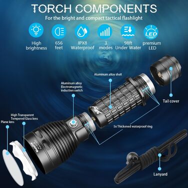 LED водонепроникний ліхтар для дайвінгу та активного відпочинку WholeFire 6000 Lumen, IPX8, 3 режими, перезаряджається, чорний