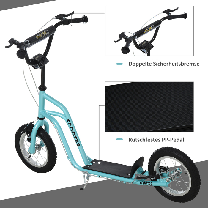 HOMCOM Scooter Kick Scooter Дитячий самокат Міський самокат з 12 дюймовими пневматичними шинами, кікборд для дітей від 5 років, синій, регульований 120x58x75-80см
