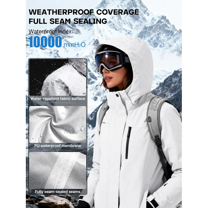 Жіноча водонепроникна куртка для сноубордингу та лижного спорту FREE SOLDIER з флісовою підкладкою, тепла зимова куртка з капюшоном, повністю проклеєні шви (XXL, Білий/Ошатний сад)