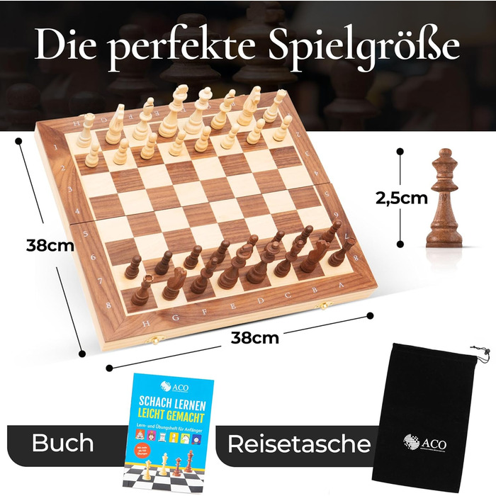 Шаховий набір ACO з шаховою книгою, 38 x 38 см: шахи та шашки з горіха, складаний, з магнітами та сумкою для перенесення