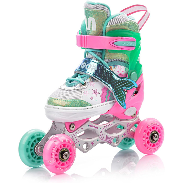 Дитячі ролики Meteor Vertellbare 4-в-1 – ролер, інлайн, ролерблейди для дітей, ABEC-7, PU-колеса, алюмінієвий фрейм, розміри X25-28, 30-33, M34-37 (S, Рожевий Русалка)