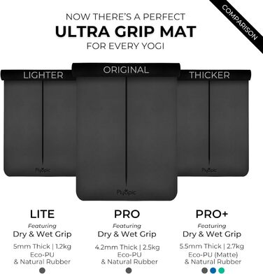 Килимок для йоги Plyopic Ultra-Grip Pro – нековзкий, комфортний, стійкий до поту, з розміткою. Підходить для йоги, джоги, пілатесу, бікрам-йоги та хот-йоги. Чорний колір (Midline)