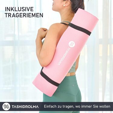 Йога мат TASHIDROLMA товстий, NBR, 183x61см, нековзний, з ручкою, для фітнесу, тренувань, 1см, зелений (рожевий)