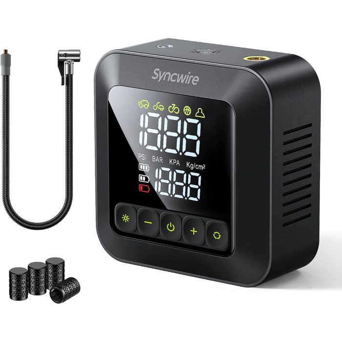 Портативний компресор Syncwire Mini 10.35 Бар – швидка електрична насосна станція для шин, автомобільний інфлятор з LCD-дисплеєм, насадки для різних режимів, вентильні ковпачки