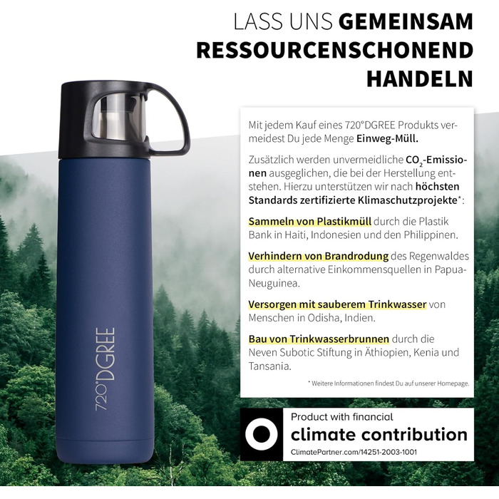 Термос 720°DGREE Thermoskanne з чашкою 450 мл 'Follow', 3 розміри, 12 год гаряче, 24 год холодне, без протікань, BPA-Free, з нержавіючої сталі, ізотермічна пляшка. Ідеально для роботи, дітей, школи, малюків (1000 мл, Sapphire Blue | Robust Matt | Blue)