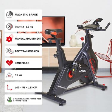 Велотренажер Care Fitness Spider LTD з Bluetooth, магнітним гальмом, ремінним приводом, 15 кг маховиком, програмами Kinomap