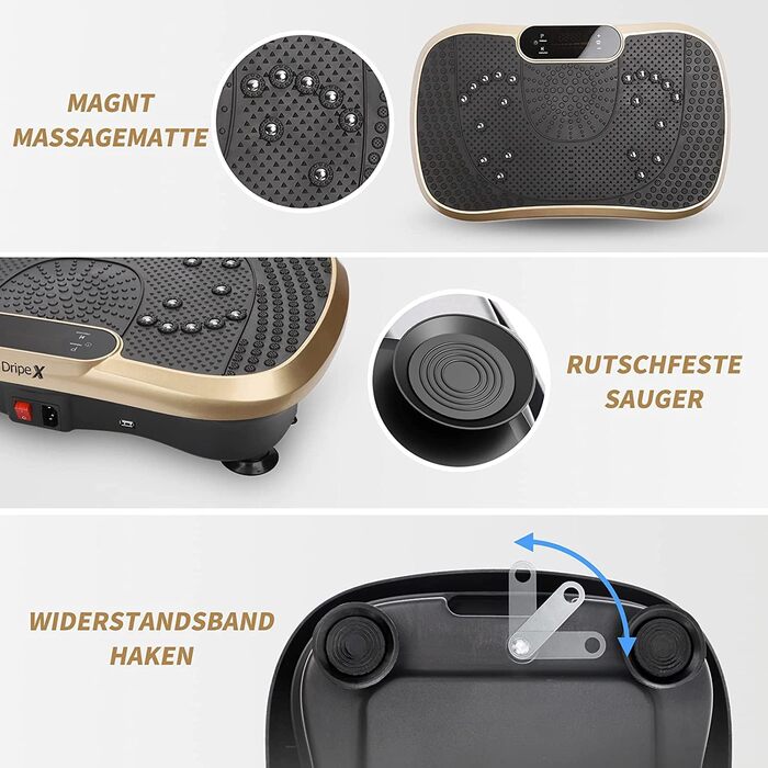 Вібраційна платформа Moziel для тренувань вдома - 99 рівнів, 5 програм, Bluetooth, 53.5x32.5 см, золотий