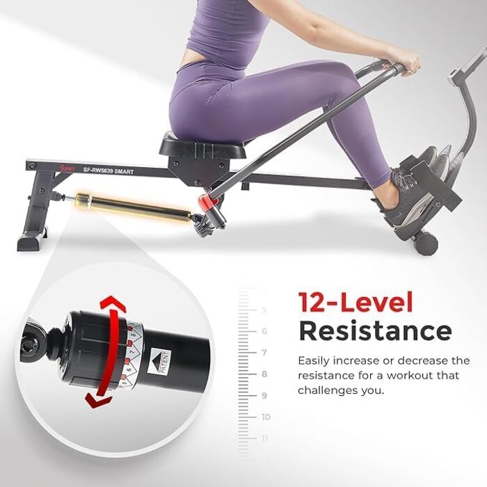 Інтелектуальний компактний гребний тренажер Sunny Health & Fitness SF-RW5639SMART, повний тренаж для всього тіла, м’який рух, подовжена напрямна, вантажопідйомність 159 кг