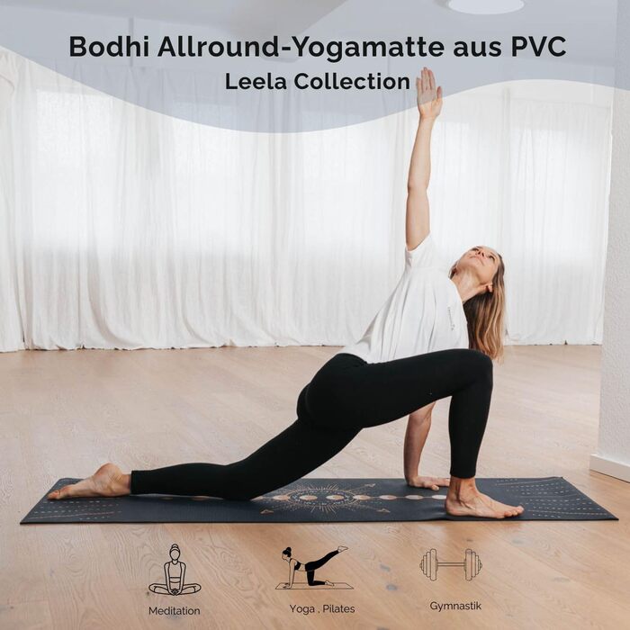 Йога мат Bodhi Leela Collection | Нековзна спортивна мат | Безпечна та миюча мат | PVC мат для йоги, пілатесу та гімнастики (Lunalign, темно-синій)