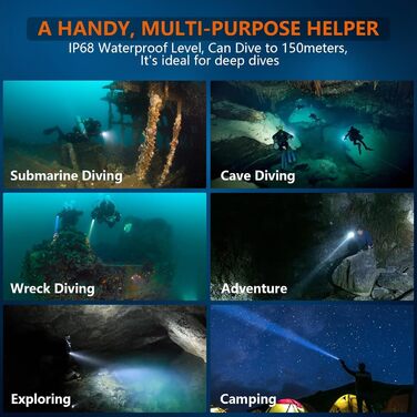 Ліхтар підводний ORCATORCH ZD710MK2 LED з регулюванням фокусу, 1500 люмен, 4 режими, 2-в-1 (прожектор та світло, що розливається), IP68, водонепроникність до 150м, акумулятор для дайвінгу, кемпінгу