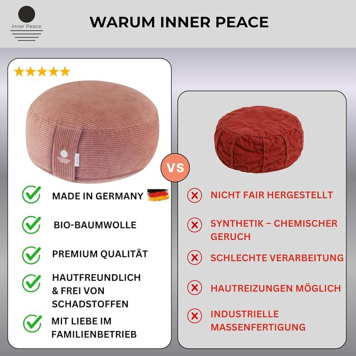 Йога подушка Inner Peace Round Cord 33x16 см XL | Подушка для медитації | Bio-Baumwolle та Bio-Dinkelfüllung | Йога подушка для сидіння | Зроблено в Німеччині (Calm Pink)
