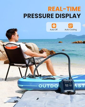 Електричний насос для SUP дошки OutdoorMaster Vortex: 20 PSI, 12V/15.8V, 8 насадок, для надування та здування, з автоматичним вимкненням та охолодженням