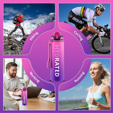 Спортивна пляшка для води 1л Tritan з трубочкою, без BPA, з маркуванням часу та щіткою, фіолетово-рожева