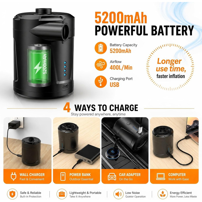 Електричний повітряний насос для басейну та надувних іграшок 5200mAh, акумуляторний, з 3 насадками, для матраців, човнів, чорний