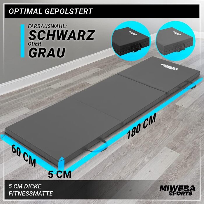 Гімнастичний мат Miweba Sports GM100, складаний, 180x60x5 см, протиковзкий, для фітнесу, йоги, спорту, сірий