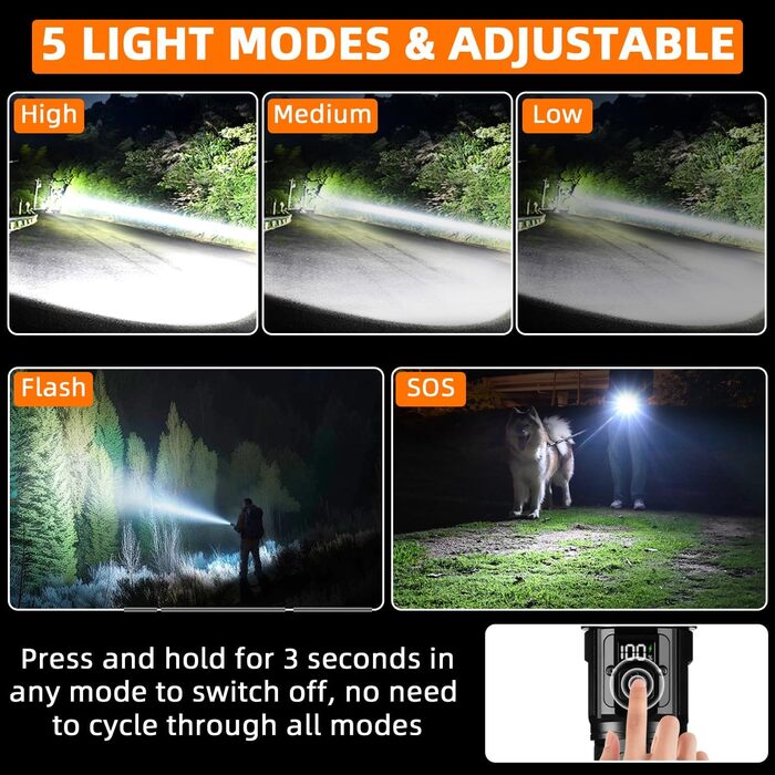 Ліхтар тактичний LED Azyvum, 1000000 люмен, Zoom, 5 режимів, водонепроникний IP67, для кемпінгу, риболовлі, туризму, надзвичайних ситуацій (чорний)