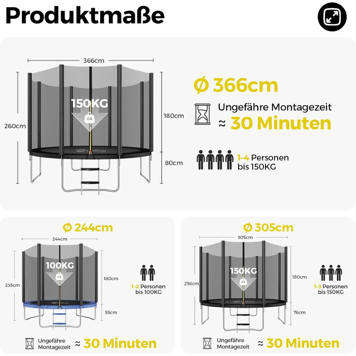 Трамплін Sekey Outdoor Ø 244/305/366 см - сертифікований TÜV Rheinland GS, дитячий, для саду з безпечним мотузковим драбиною, посиленим захисним сіткою та захисним бордюром (Чорний, 366 см/12 футів)