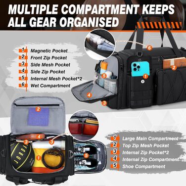 Спортивна сумка RAINSMORE 40L, водонепроникна, з відділенням для взуття, для чоловіків та жінок, чорна