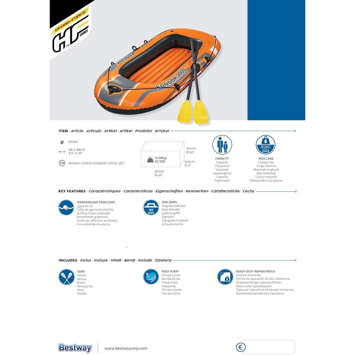 Надувний човен Bestway Kondor 2000, 188x98x30 см, для 1 дорослого і 1 дитини, комплект