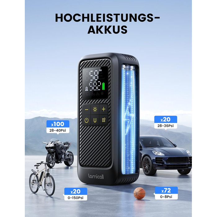 Електричний насос Lamicall для велосипедів, авто, мотоциклів та м'ячів з LED-підсвічуванням - 150 PSI, 5x швидше