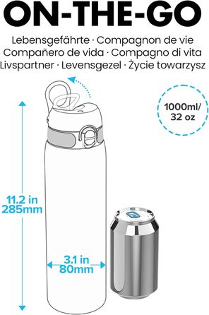 Пляшка для води Ion8 1 літр з часовими мітками, не протікає, зручна кришка, BPA Free, для спорту та фітнесу, синьо-зелена