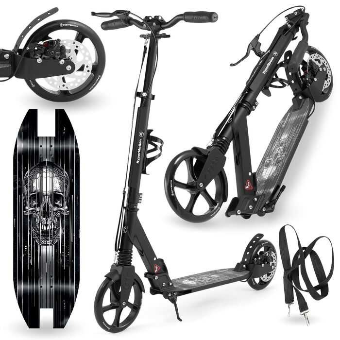 Самокат дитячий та підлітковий HyperMotion Vibe алюмінієвий, до 100 кг, складний, з регульованим кермом, колеса 200 мм, підшипники ABEC-7, чорний з дизайном черепа