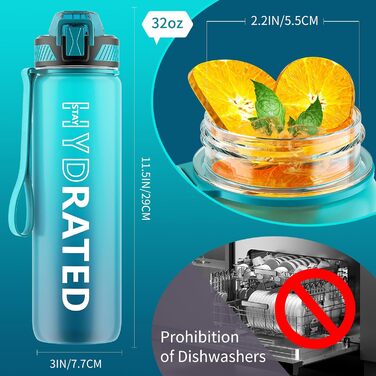 Спортивна пляшка для води Tritan 1л з трубочкою, з міткою часу та щіткою, виготовлена з BPA-Free матеріалу, блакитна