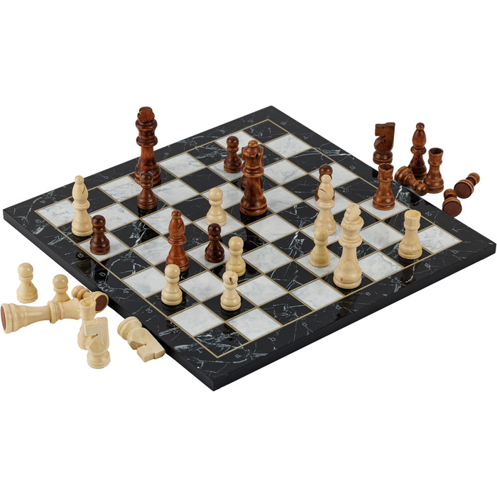 Класична шахова дошка з дерева HBS GAMES, 37 см, чорний мармур, ручна робота, набір шахи та шашки, сімейна настільна гра