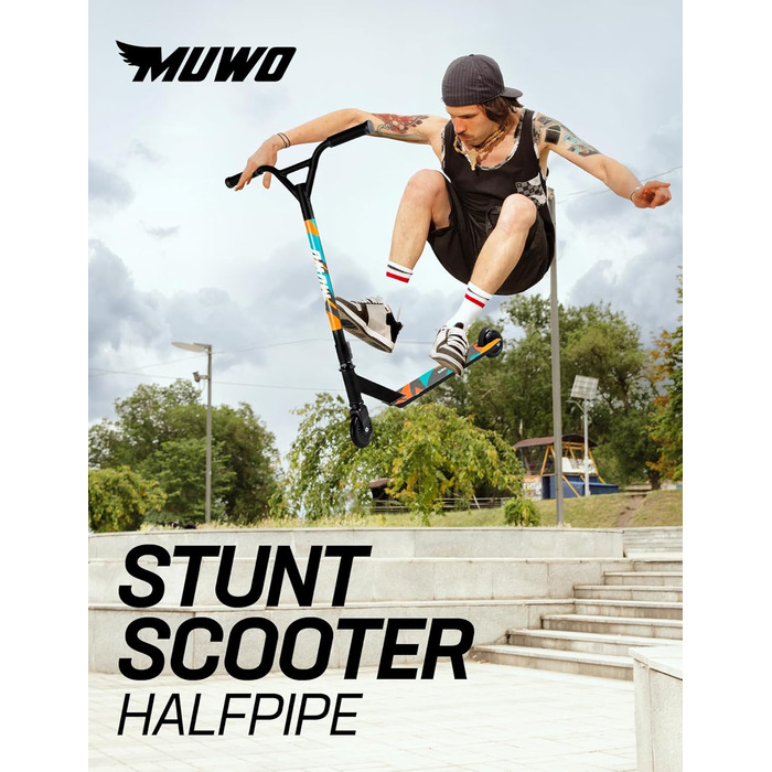 MUWO Halfpipe Stunt Scooter - Станкт-скутер Halfpipe для трюків та екстриму. З антиковзною платформою, гнучкою гальмівкою та 360° поворотом. Підходить для дітей та дорослих. Помаранчевий колір