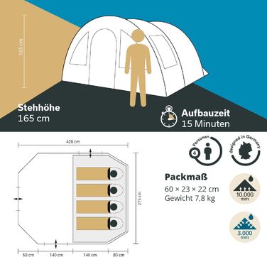 Намет Skandika Kambo Tunnelzelt: сімейний намет для 4-8 осіб, водонепроникний (3000 мм), 3 входи, сонцезахист, тамбур | Кемпінг