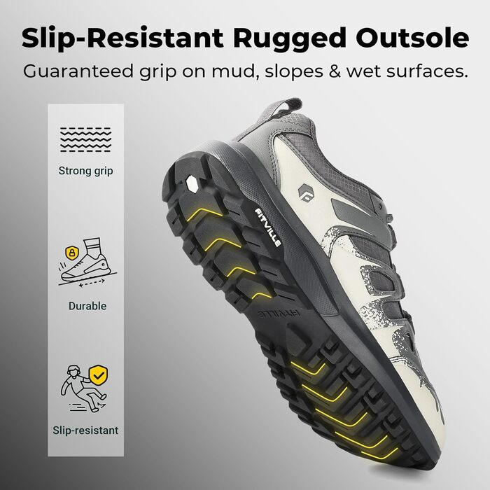 Черевики для хайкінгу FitVille для чоловіків, широкі, водонепроникні, розмір 40-50, підтримка склепіння стопи, сіро-бежеві