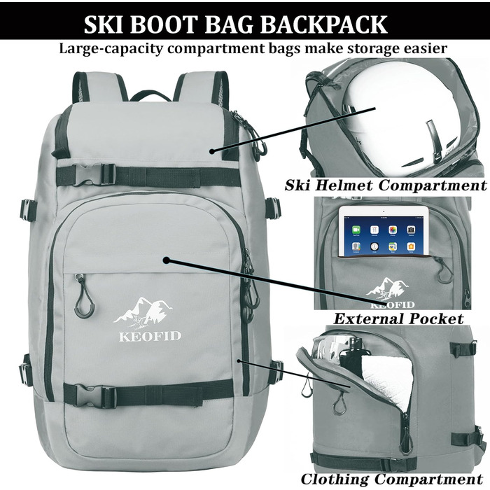 Чохол для лижних черевиків KEOFID, 50L, рюкзак для лиж та сноуборду (сірий)