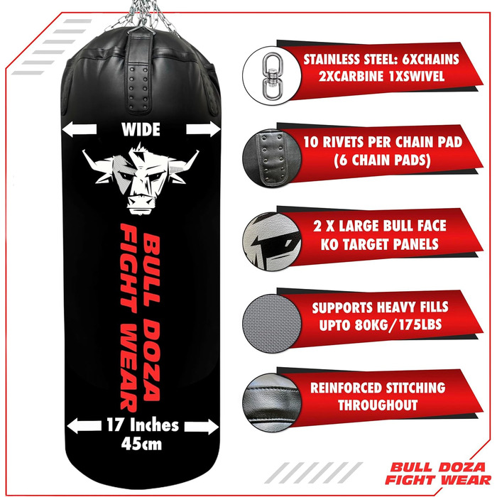 BULL DOZA FIGHT WEAR самонаповнюваний боксерський мішок XL 4FT, для MMA, боксу, кікбоксингу, Муай Тай, тхеквондо, з підвісними ланцюгами, карабіном, чорний, для єдиноборств