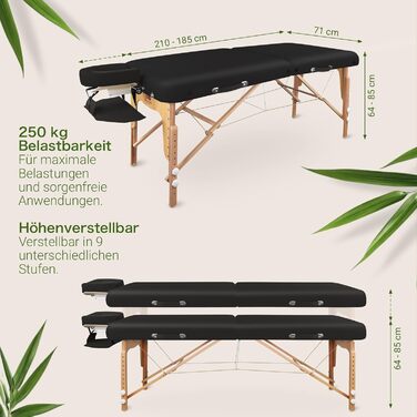 Масажне ліжко MASSUNDA Deluxe – мобільне, складне, регульоване по висоті. Широке ліжко з масиву дерева, з підголівником, підлокітниками, подушкою (Чорний)