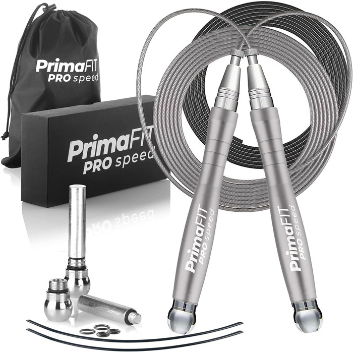 Скакалка PrimaFIT для дорослих 3м, професійна, регульована, з вагами, 2 підшипники, антиковзкі ручки, для боксу, MMA, кросфіту, сталевий трос, з сумкою, срібляста