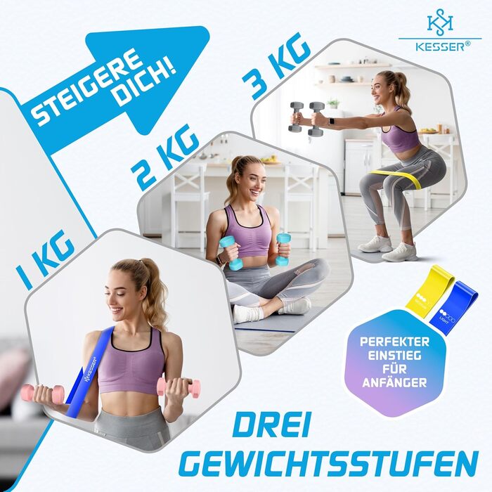 Набір гантелей KESSER® 12 кг з підставкою, 3 пари (1-5 кг), нековзкий неопрен, з інструкцією та фітнес-гумками