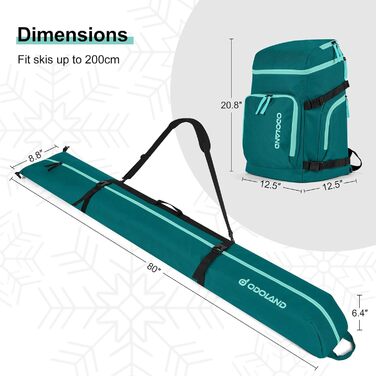 Сумка для лиж Odoland Skitasche Set, водонепроникна, для подорожей, вміщує лижі до 200 см, для чоловіків та жінок (Pfauenblau)
