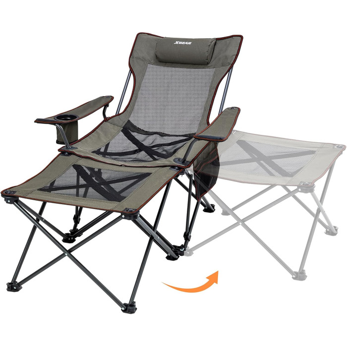 XGEAR 2-в-1 Кемпінговий стул: розкладний, для риболовлі, легкий, з підніжкою та підлокітником, 136 кг, Oxford-тканина