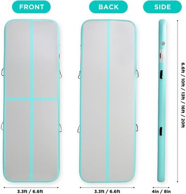 Гімнастичний надувний мат для акробатики та тренувань, 10/20 см, надувний, з насосом, 400x100x10 см, зелений